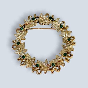 VINTAGE 50s Gold and Green Rhinestone Wreath Brooch by Gerry's | 1950s MCM Holiday Jewelry Pin | Gifting Idea VFG 
