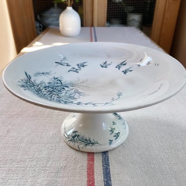 Beautiful antique French tea stained fruit bowl, compotier with birds and pond 