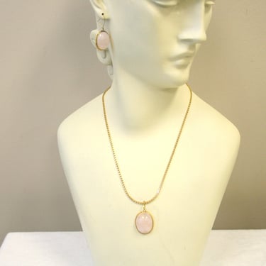 1980s Avon Pink Oval Stone Pendant and Pierced Earrings Set 