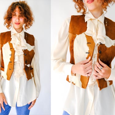 Vintage 70s Brown & Tan Pinto Pony Hair Western Style Vest w/ Pockets | 100% Genuine Hide | Cowgirl, Prairie | 1970s Bohemian Waistcoat 