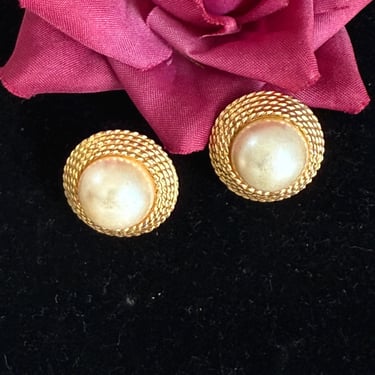 Napier Vintage Earrings, Cabochons Faux Pearls, Studs, Gold Tone, Statement, Signed, 80s 90s 
