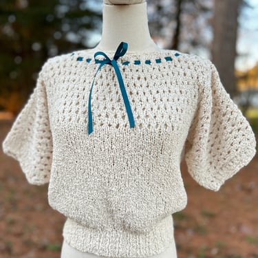 Early 1960s MCM Handknit Ivory Wool Short Sleeve Sweater 