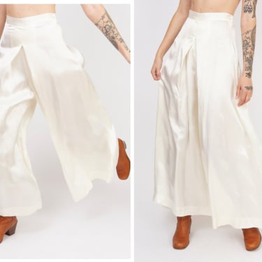 Vintage 1970s 70s Cream Satin High Waisted Extreme Flared Palazzo Pants Trousers // High Waisted 70s Flares 