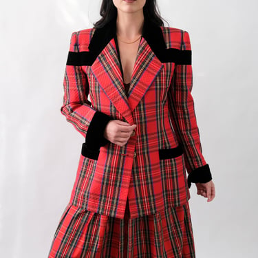 Vintage 90s Jacques Fath Boutique Quilted Red Plaid & Black Velvet Blazer w/ Gold Logo Buttons | Made in Paris | 1990s French Designer Coat 