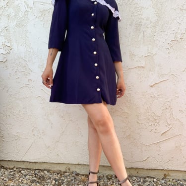 Vintage 80's 90's TJuniors Blue Lace Trim Button-up Long Sleeve Dress 