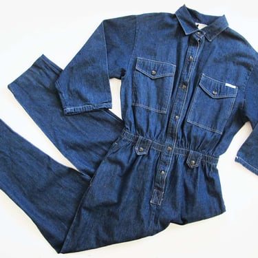 Vintage 80s Women Denim Jumpsuit M L - 1980s Dark Wash Blue Jean Coveralls - Boiler Suit - Utility Workwear 