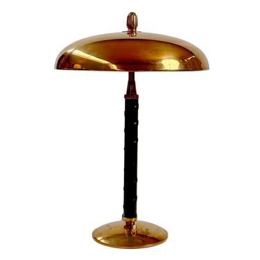 Scandinavian Modern Brass Lamp with a spiraled black leather stem by Bertil Brisborg for Bohlmarks, 1950s