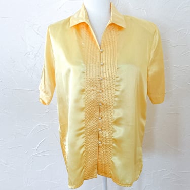 80s Butter Yellow Satin Blouse with Pearl Buttons | Extra Large 