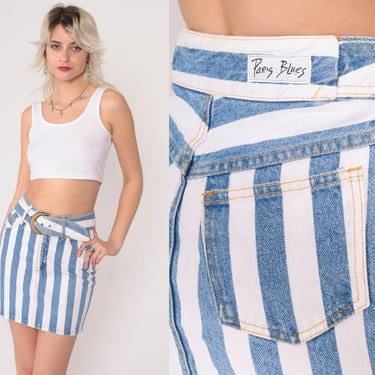 Striped Denim Skirt 90s Mini Skirt Tight White Blue Paris Blues Retro Jean Skirt Vintage 1990s High Waisted With Wide Belt Extra Small xs 3 