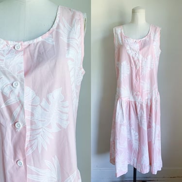 Vintage 1980s Pink & White Monstera Novelty Print Tank Dress / M 