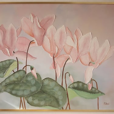Vintage R. ATKINS PAINTING of CYCLAMEN Flowers 40x50" Oil / Canvas Large Impasto Expressionist Realist Pastel, Mid-Century Modern Art eames 