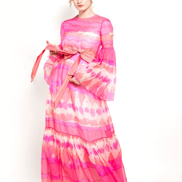 Malcom Starr Pink Chiffon Bell Sleeve Dress 