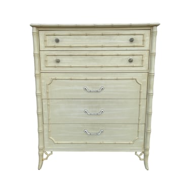 Vintage Faux Bamboo Tallboy Dresser by Dixie - Creamy White Chest of 5 Drawers Hollywood Regency Fretwork Coastal Chinoiserie Furniture 