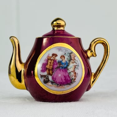Vintage Limoges Miniature Teapot, Pastoral Scene, Glossy Burgundy with Gold Highlights, Quality Porcelain, Made in France, collectible gift 