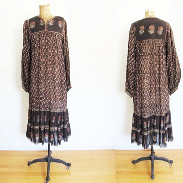 Vintage 70s Indian Cotton Dress XS S - 1970s Block Print Brown Floral Bohemian Hippie Wide Sleeve Dress 