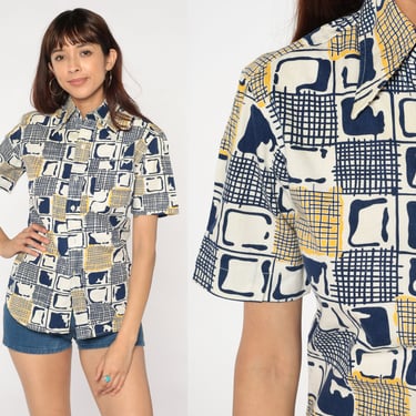 70s Disco Shirt Abstract Print Checkered Button Up Pointed Collar Top Retro Short Sleeve Blue White Yellow Boho Groovy Vintage 1970s Small S 