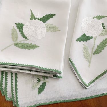 Vintage white linen placemats & napkins, embroidered floral, white rose and green leaves, French country, Cottage core table linens 