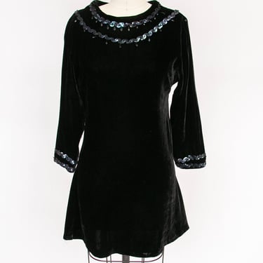 1960s Mini Dress Velvet Sequin Black Mod S 