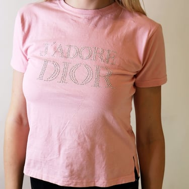 Christian Dior by John Galliano 'J'adore Dior' Pink Diamante Studded Baby Tee Y2K 2000s FR 28 S M Vintage 