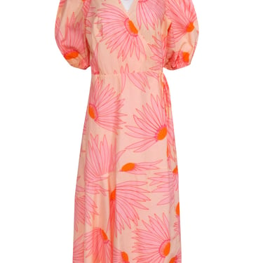 Kate Spade - Pink & Orange Floral Print Cropped Sleeve Wrap Dress Sz 12