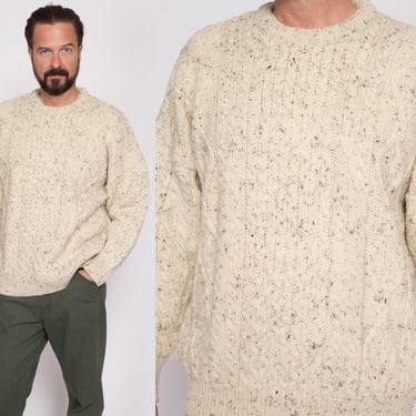 XL 70s Irish Cable Knit Fisherman Sweater | Vintage Cream Wool Pullover Jumper 