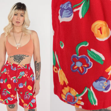 Red Floral Shorts 90s High Waisted Shorts Retro Bright Flower Print Mom Shorts Summer Textured Cotton Vintage 1990s Small 26 
