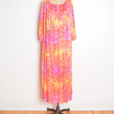 vintage 70s caftan dress nightgown orange airbrush print muumuu long maxi gown clothing 