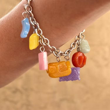 Sterling Silver Multi-Color Burmese Jade Charm Bracelet, Multi-Color Carved Stone Charms, Detachable Charms, Toggle Clasp, 8 1/2” L 