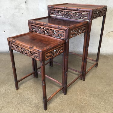 Set of Three Antique Rosewood Carved Chinese Nesting Tables