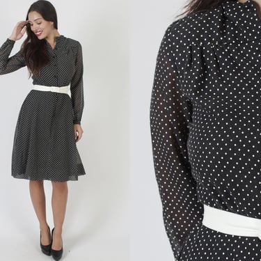 70s Black Sheer Wear To Work Dress / Tiny White Polka Swiss Dot Party Dress / Secretary Style Clothing / Button Up Waist Tie Mini 