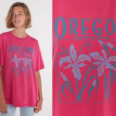 Oregon T-Shirt 80s Hot Pink Floral Shirt Iris Flower Graphic Tee Crater Lake Seed Co TShirt Tourist PNW Vintage 1980s Jerzees Extra Large xl 