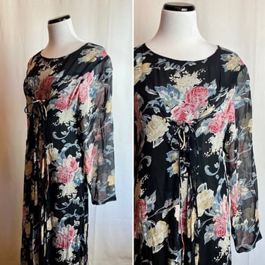 90’s rayon dress floral print long fluted corseted cinch tie waist 20’s-30’s inspired ~ sheer layered / size small 