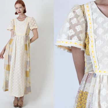 Old Fashioned Patchwork Dress / Vintage Wiggle Worm Brand / 70s Folk Style Cottagecore Maxi Sundress 