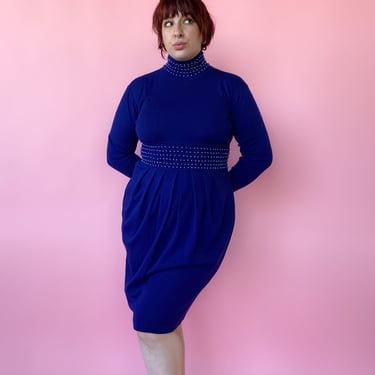 1990s Blue Beaded Sleeved Dress, sz. S/M