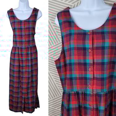 Vintage Susan Bristol Plaid Overall Dress Size 10 Modest Long Jumper Red Teal 