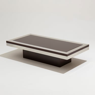 TABLE BASSE EN ACIER CHROMÉ ET VERRE BRUN, 1970s