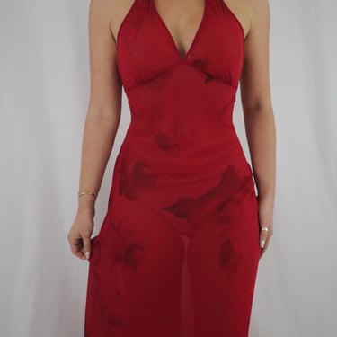 Vintage Crimson Red Rose Silk Slip Dress (XS/S) 