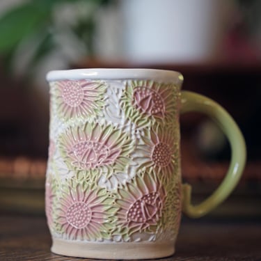 Vintage GR Embossed handmade flower pottery mug 