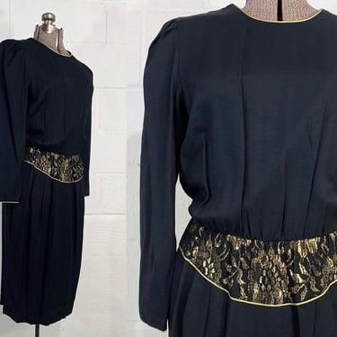 Vintage Black Cocktail Dress Gold Lace Long Sleeve Party New Year's Goth Vamp Evening 1980s Mob Wife Aesthetic Medium Large 