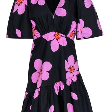 Kate Spade - Black & Orchid Floral Babydoll Cotton Dress w/ Ruffle Sz 6
