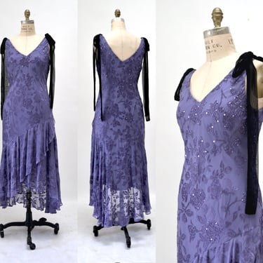 Vintage 90s 00 Y2K Bias Cut Silk Dress Purple Ruffle Beaded Floral Print Silk Bias Cut Tank Dress Medium Large Silk Burnout Beaded Dress 