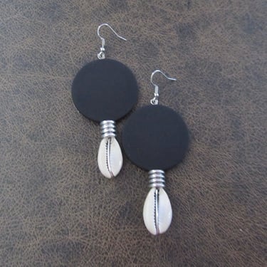 Large black and silver cowrie shell earrings 