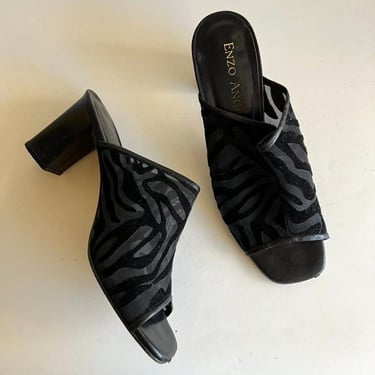 Enzo Angiolini Y2K 90s Black Square Open Toe Animal Sheer Mod Block Heel Sandal 8 