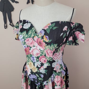 Vintage 1980's Cotton Floral Dress / 90s Black Floral Day Dress L/XL 