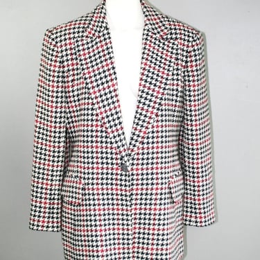 1980s Wool Blazer by Geist- Houndstooth Pattern- Preppy Plaid Jacket- Marked size 8 