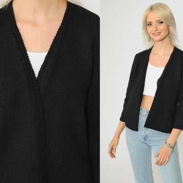 60s Wrap Cardigan Black Open Front Knit Sweater Wool Blend 3/4 Sleeve Sixties Preppy Retro Knitwear Vintage 1960s Small Medium xs 