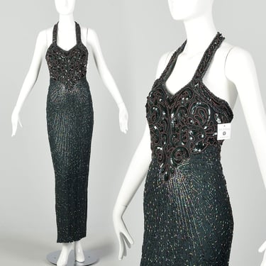 Small Forest Green Gown 1990s Maxi Beaded Halter Evening Formal Dress 