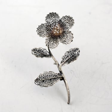 Delicate 50's 950 silver filigree flower & leaves pin, detailed spun wire fine silver floral mesh c clasp brooch 
