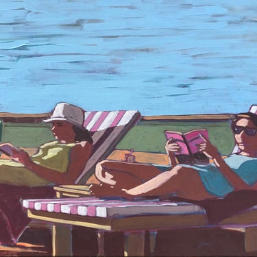 Women Reading - Original Acrylic Painting on Canvas 24 x 18, woman, beach, outside, summer, michael van, retro, chair, fine art, sky, books 