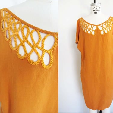 Vintage 90s Orange Linen Shift Sack Dress S M - 1990s Relaxed Fit Baggy Womens Sundress Cutout Neck 